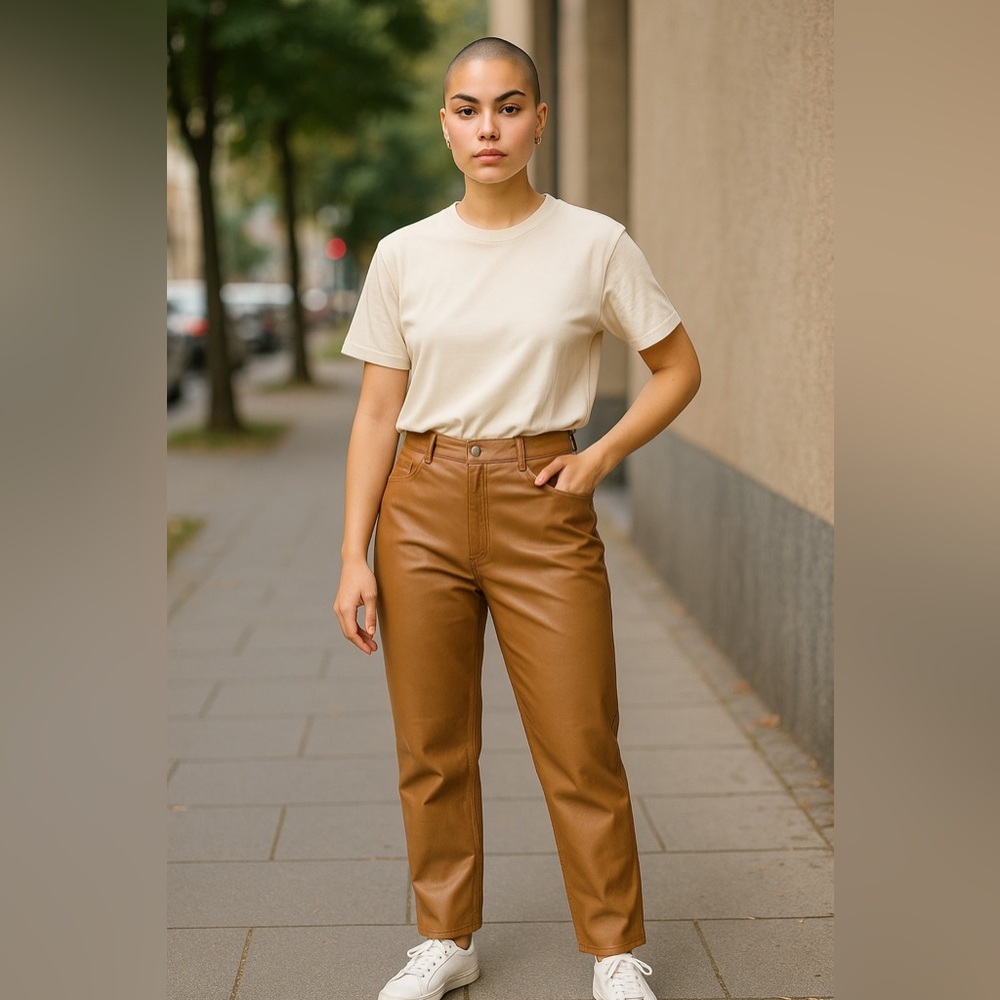 The Drop Faux Leather Camel Tan High Rise Pocket Zipper Straight Leg Pant SZ 32